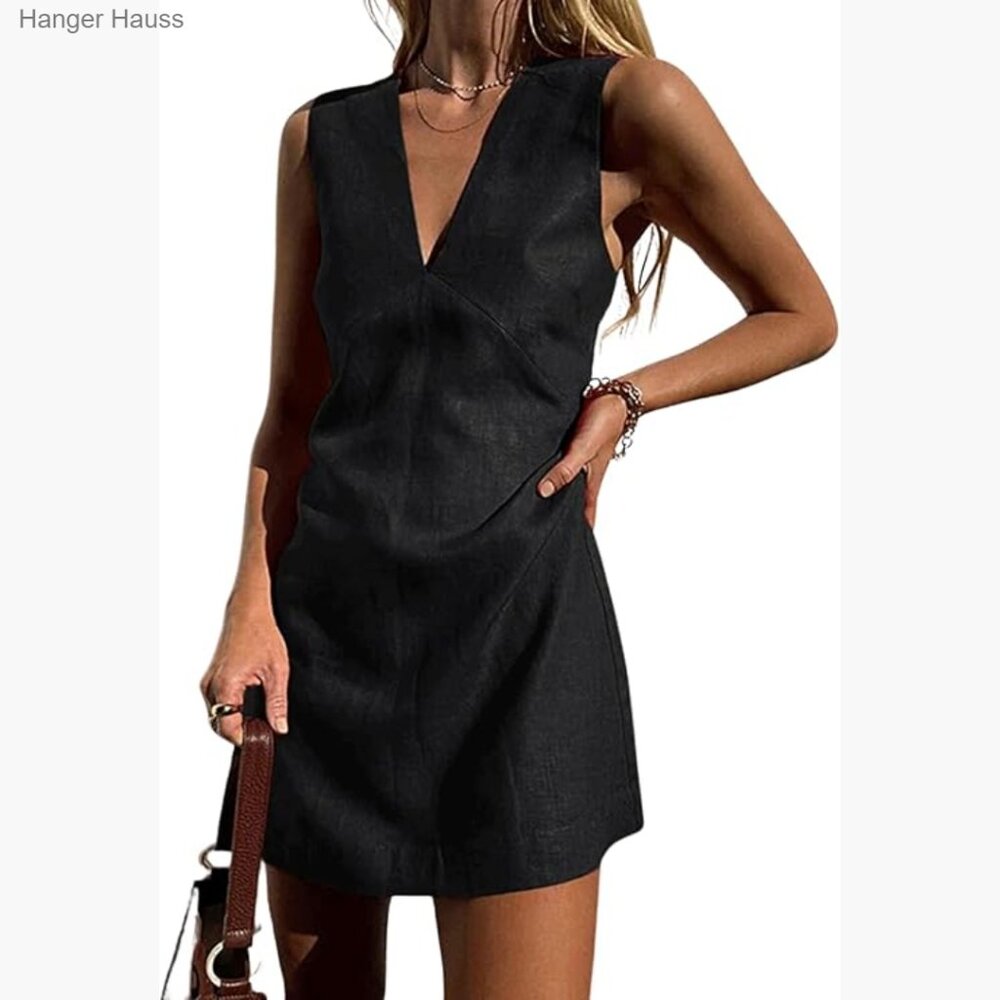 Sleeveless Mini Dress Cotton Linen V Neck Cinched A Line Slim Tank